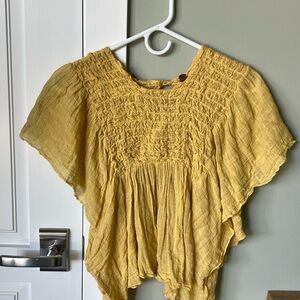 Free People Yellow Flutter Sleeve Smocked Blouse